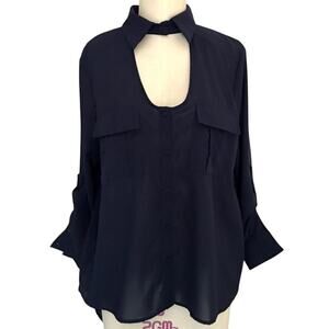 Double Zero Sz M Navy Blue Hi Lo Semi Sheer Shirt Blouse Flowy Casual 3/4 Sleeve